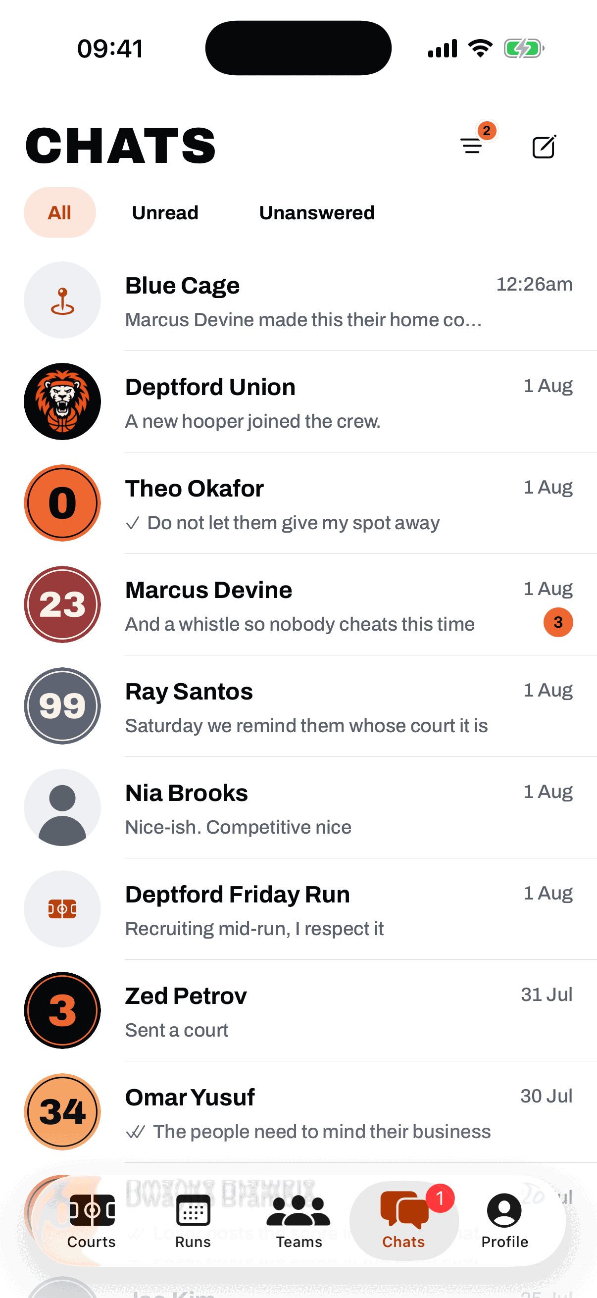 The GotNext Chats tab: filters for All, Unread and Unanswered, a Blue Cage court chat, the Deptford Union team chat announcing a new hooper joined the crew, direct messages with other hoopers including an unread count, and the Deptford Friday Run chat.