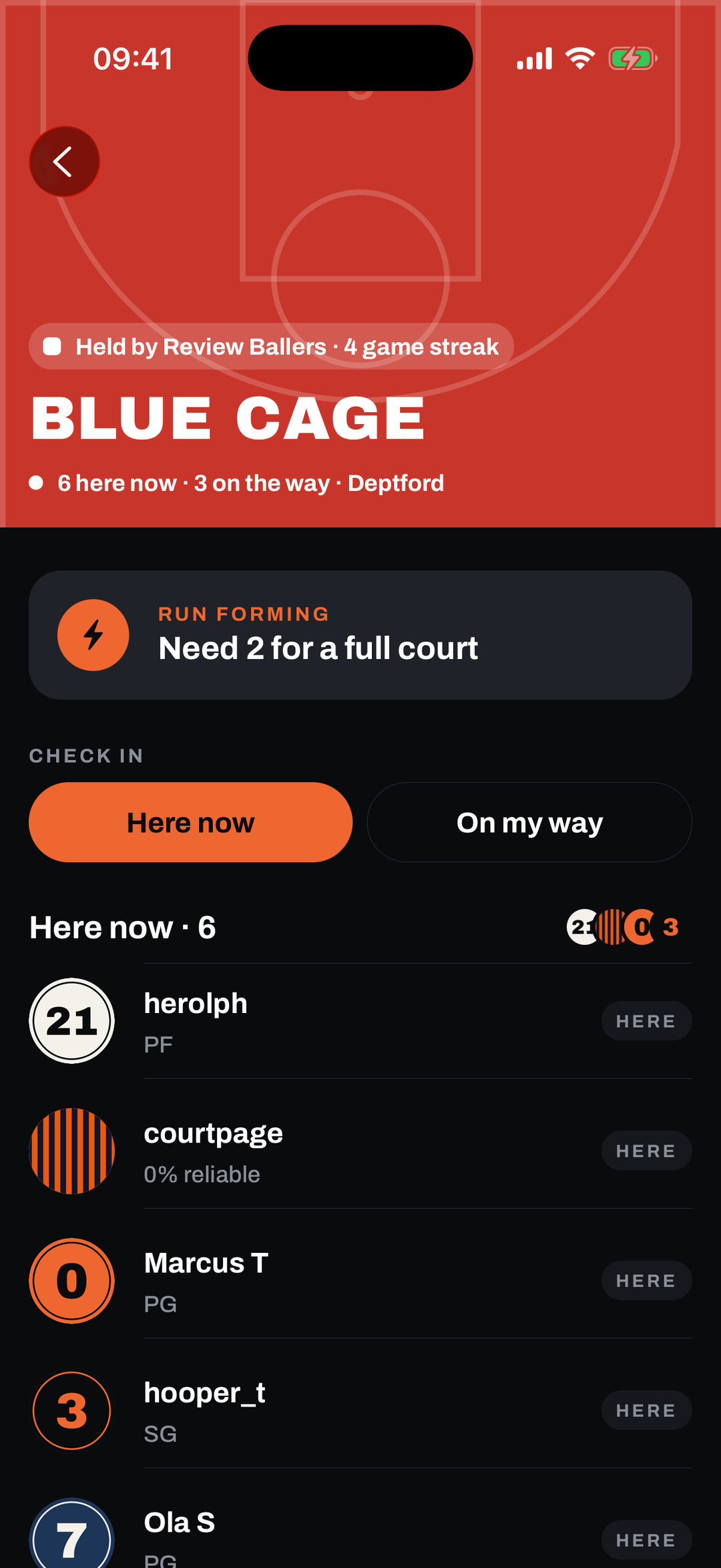 The Blue Cage court page: held by Review Ballers, six here now and three on the way, with the Here now and On my way check-in buttons.