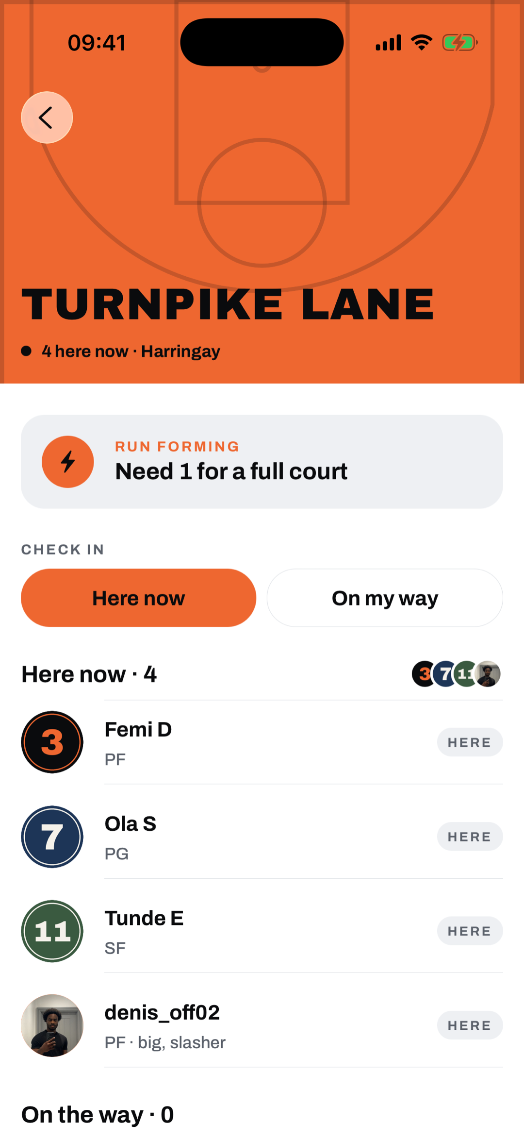 The Turnpike Lane court page: a run forming with need 1 for a full court, four hoopers here now, and the Here now and On my way buttons.