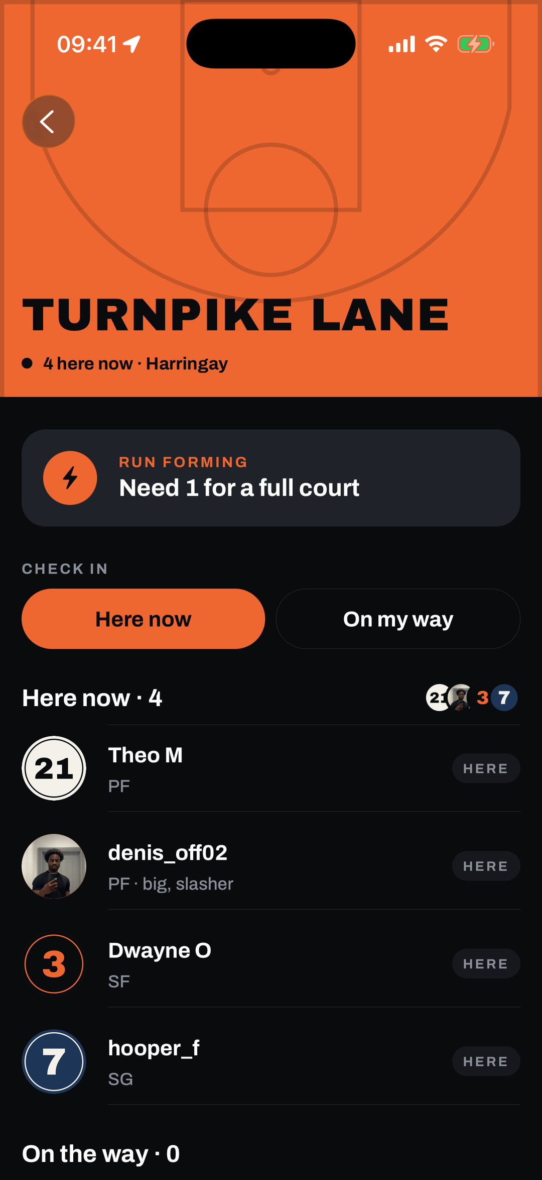 The Turnpike Lane court page: a run forming with need 1 for a full court, four hoopers here now, and the Here now and On my way buttons.