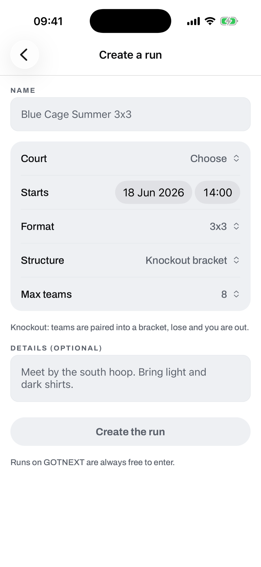 The create a run screen with a name, court, start time, format such as 3x3, and a knockout bracket structure.