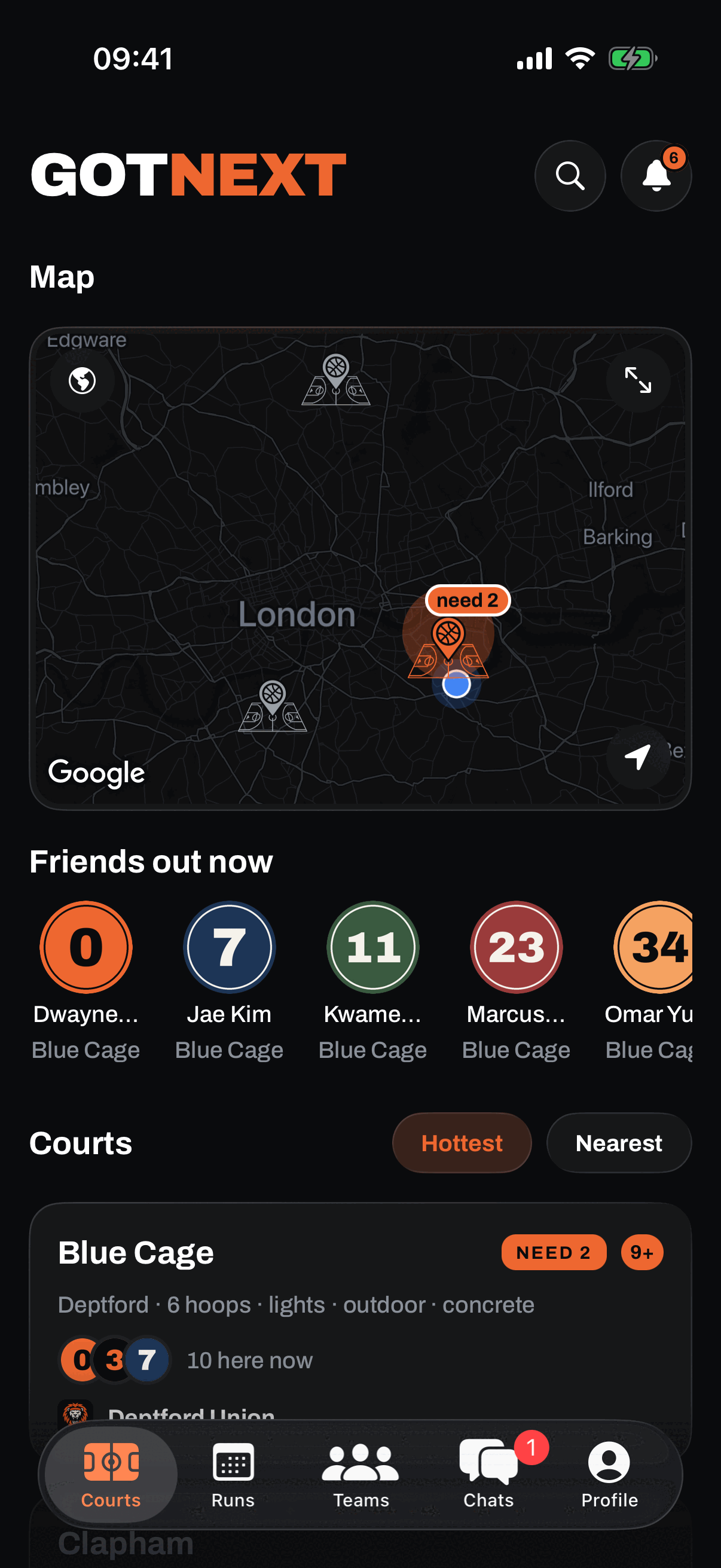 The GotNext home screen: a London map with court pins and a need 2 badge on Blue Cage, a Friends out now strip of five hoopers all at Blue Cage, and a Courts list opening with Blue Cage in Deptford, ten here now and a NEED 2 tag.