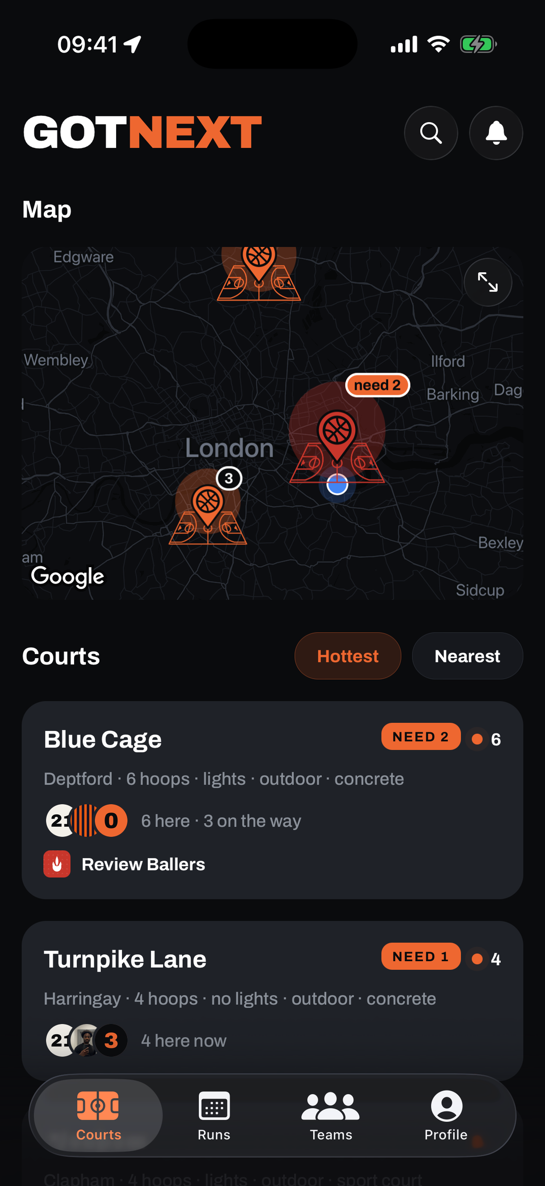 The GotNext home screen: a London map with courts glowing live, and a Courts list showing Blue Cage and Turnpike Lane with how many hoopers are playing right now.