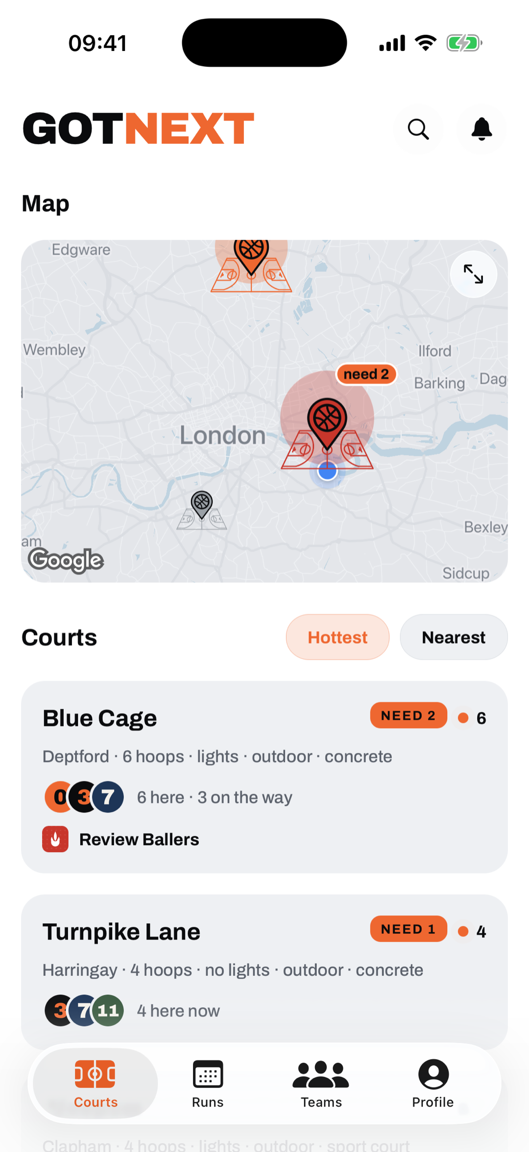 The GotNext home screen: a London map with courts glowing live, and a Courts list showing Blue Cage and Turnpike Lane with how many hoopers are playing right now.