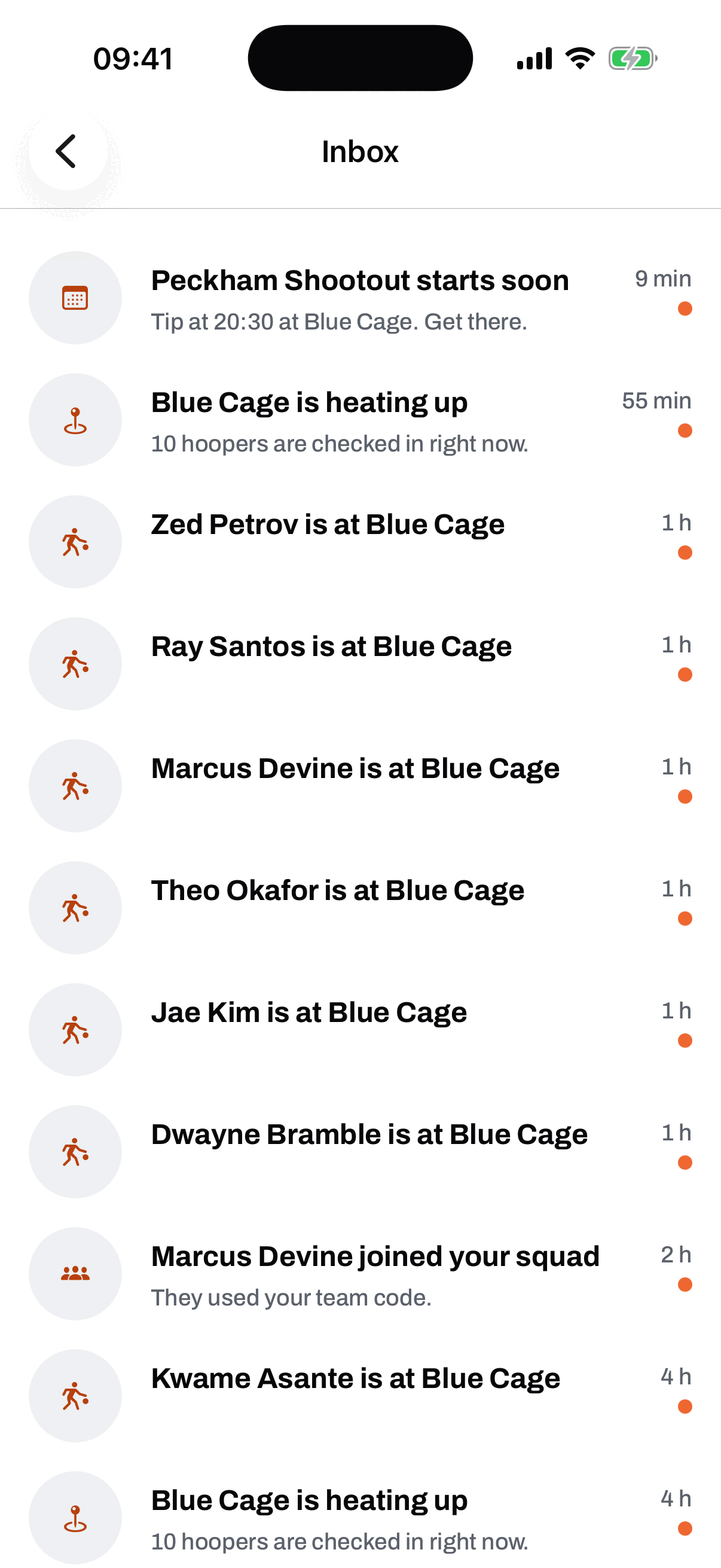 The GotNext inbox: Peckham Shootout starts soon with tip at 20:30 at Blue Cage, Blue Cage is heating up with ten hoopers checked in, friends like Zed Petrov and Ray Santos arriving at Blue Cage, and Marcus Devine joined your squad, each with an unread dot.