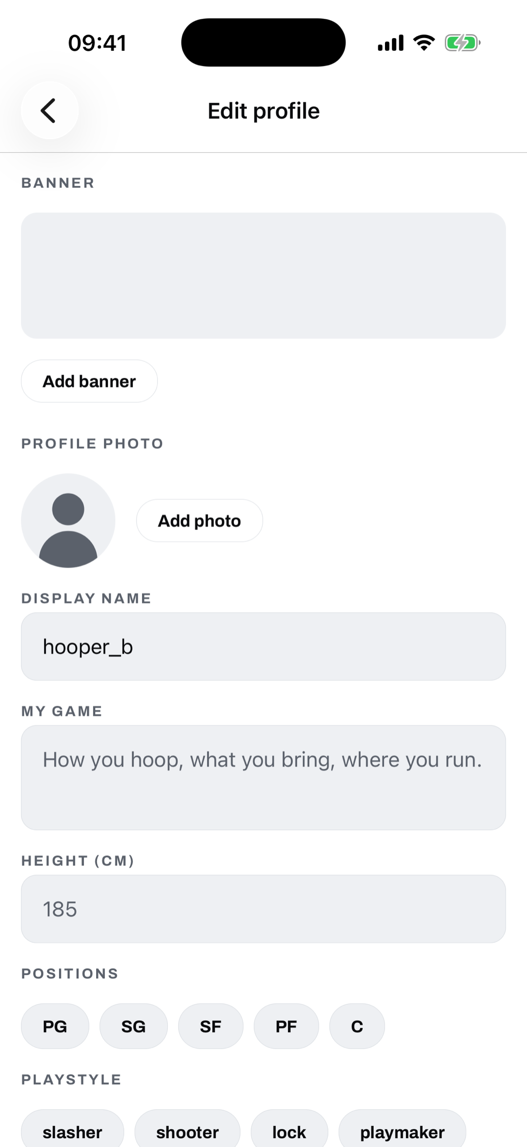 GotNext profile set up: display name, height, positions like PG and SF, and playstyle tags such as slasher and shooter.