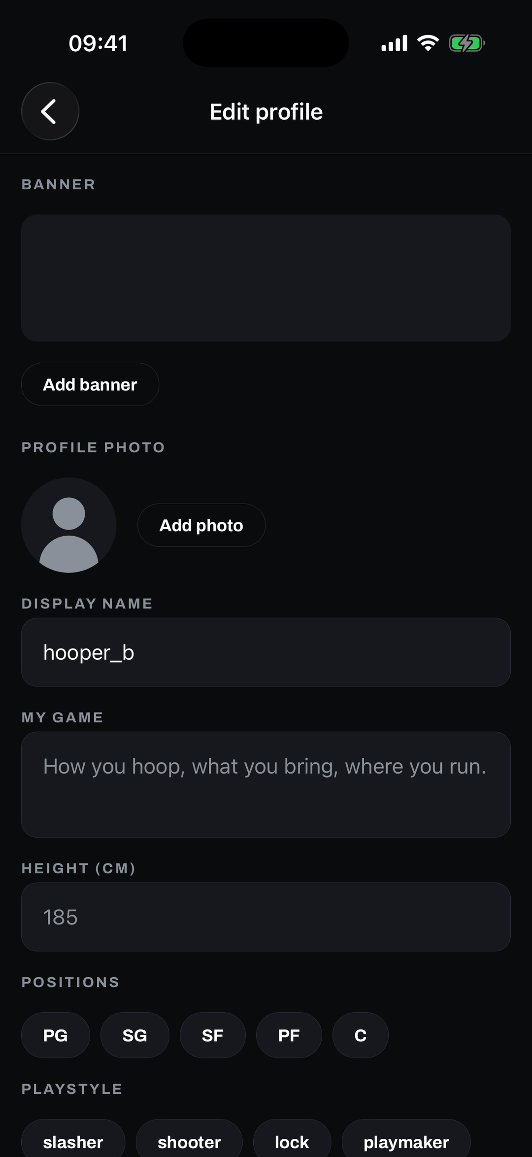 GotNext profile set up: display name, height, positions like PG and SF, and playstyle tags such as slasher and shooter.