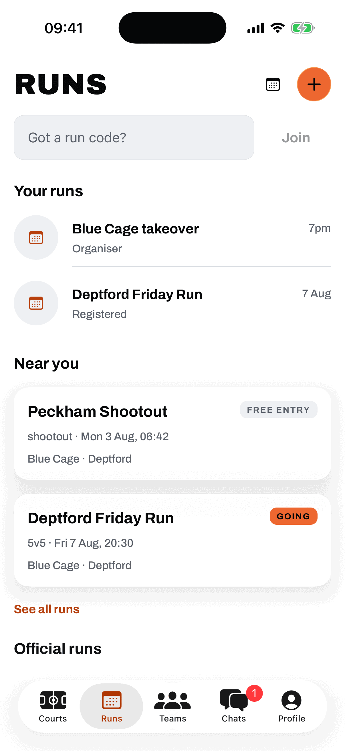 The Runs tab: a Got a run code field with a Join button, a Your runs list showing Blue Cage takeover as organiser and Deptford Friday Run as registered, then Near you with Peckham Shootout marked free entry and Deptford Friday Run tagged Going.