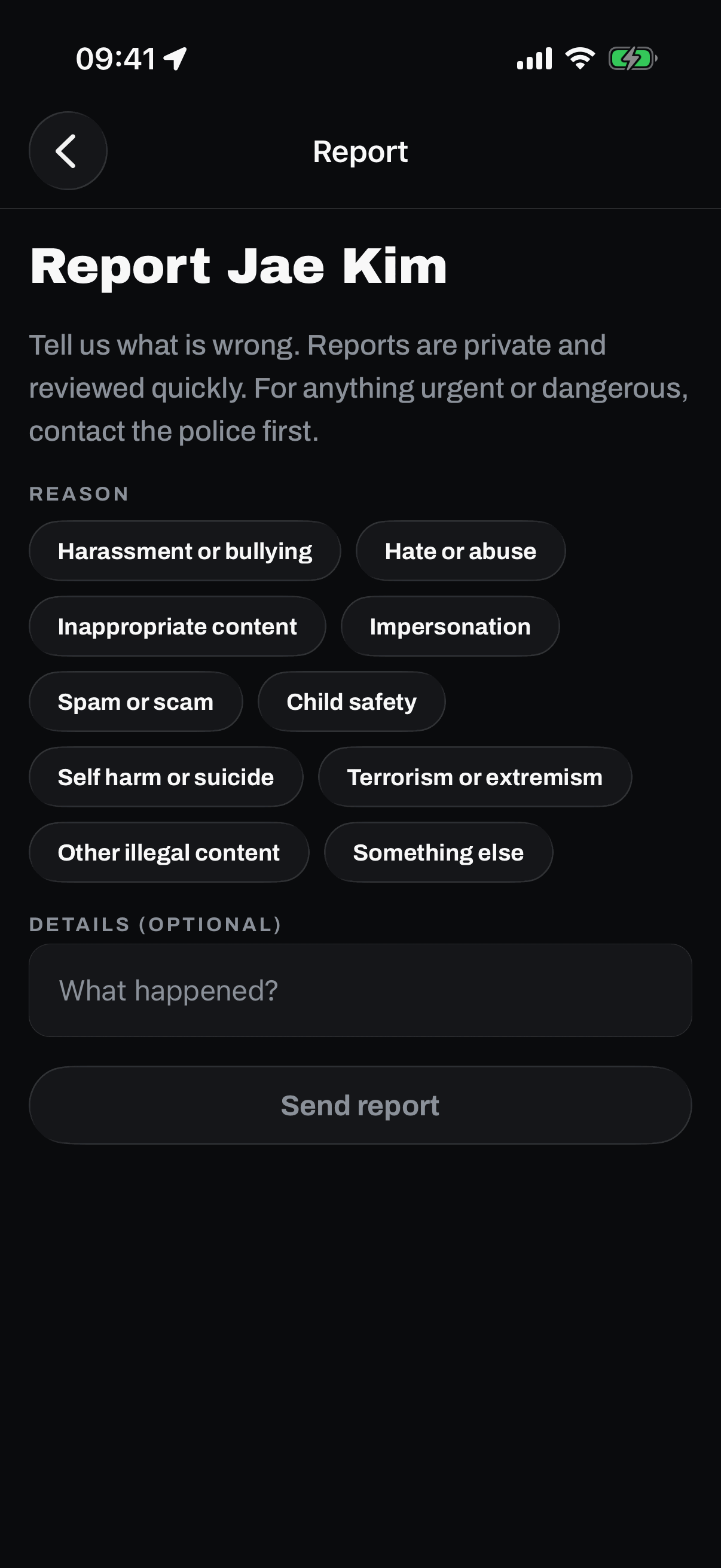 reason chips for harassment or bullying, hate or abuse, inappropriate content, impersonation, spam or scam, child safety, self harm or suicide, terrorism or extremism, other illegal content, and something else