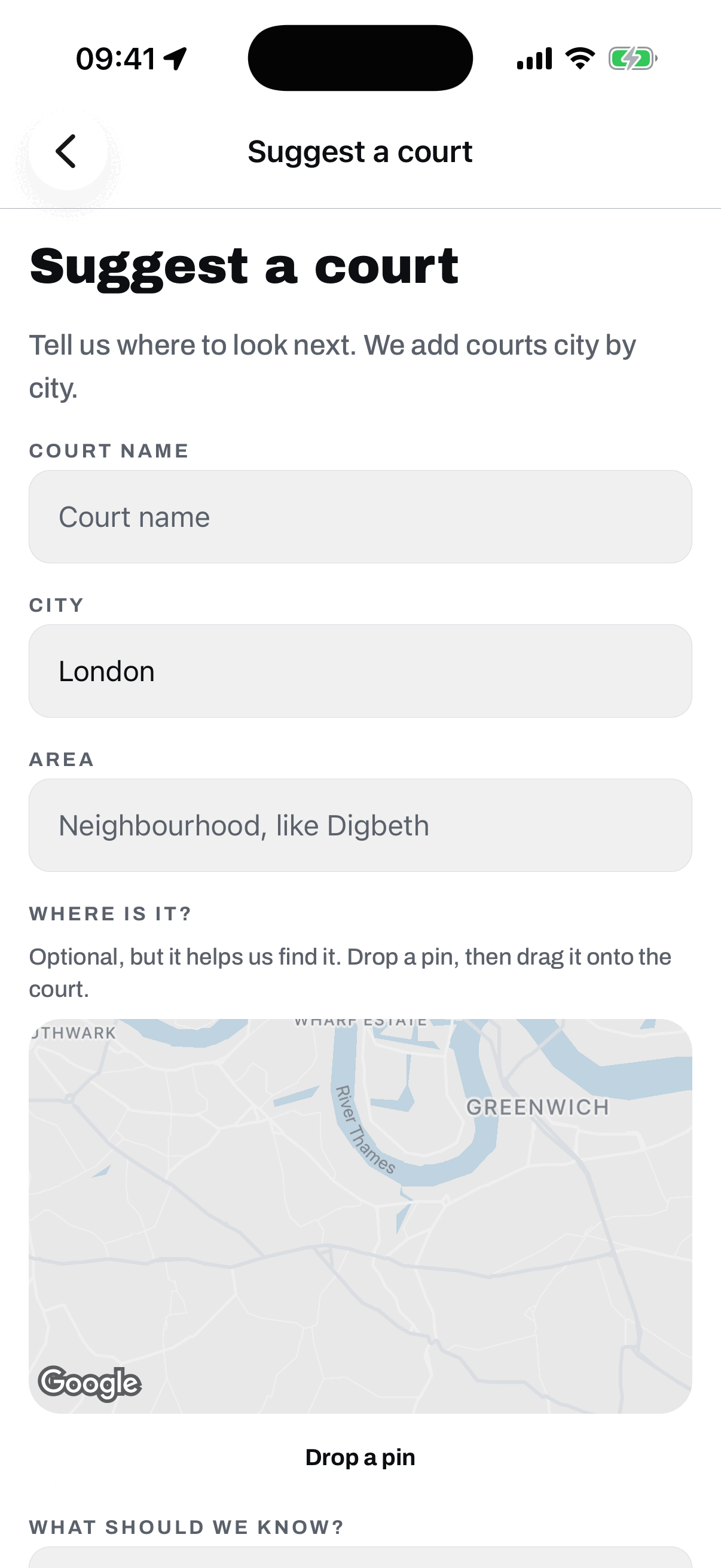 The Suggest a court screen: tell us where to look next, we add courts city by city, with fields for the court name, the city, the area (a neighbourhood, like Digbeth) and what we should know (hoops, lights, surface, when it gets busy).