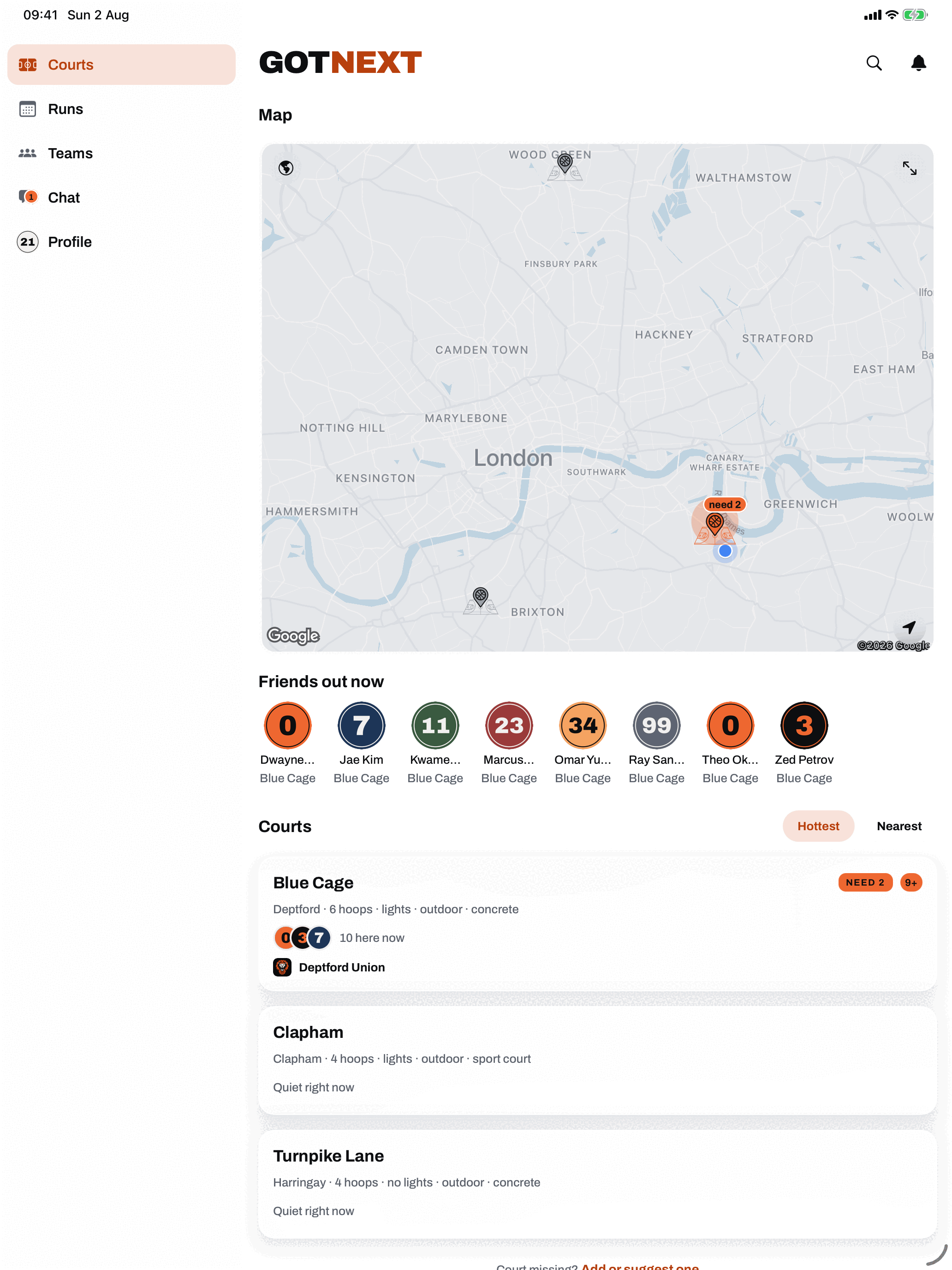 The same GotNext home screen on an iPad: a sidebar with Courts, Runs, Teams, Chat and Profile, a wide London map with court pins, a Friends out now row, and the Courts list with Blue Cage, Clapham and Turnpike Lane.