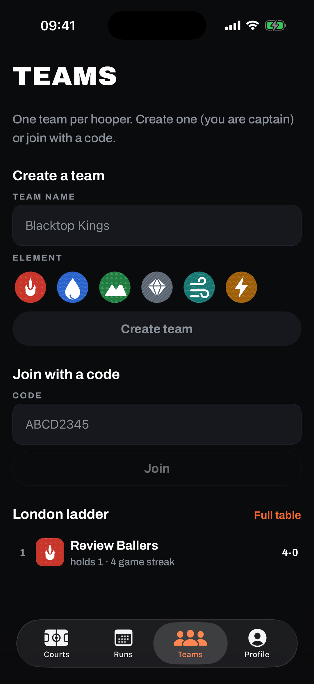 The Teams tab: create a team with an element picker, join with a code, and the London ladder led by Review Ballers.